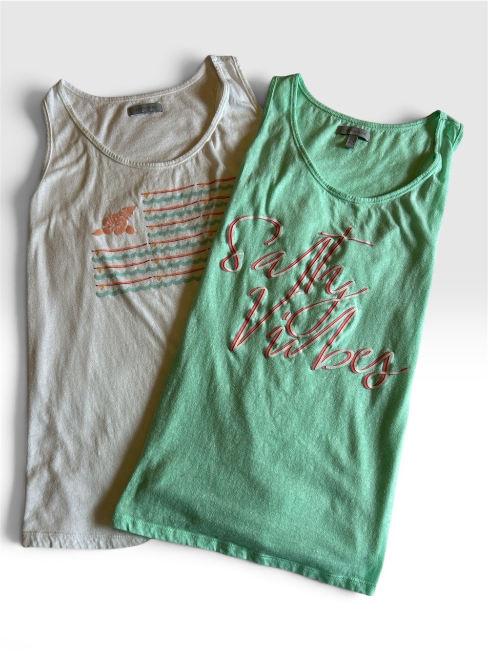 Two 2X Ocean + Coast (Belk Brand) Tank Tops ; “Salty Vibes” Green + Ocean Waves